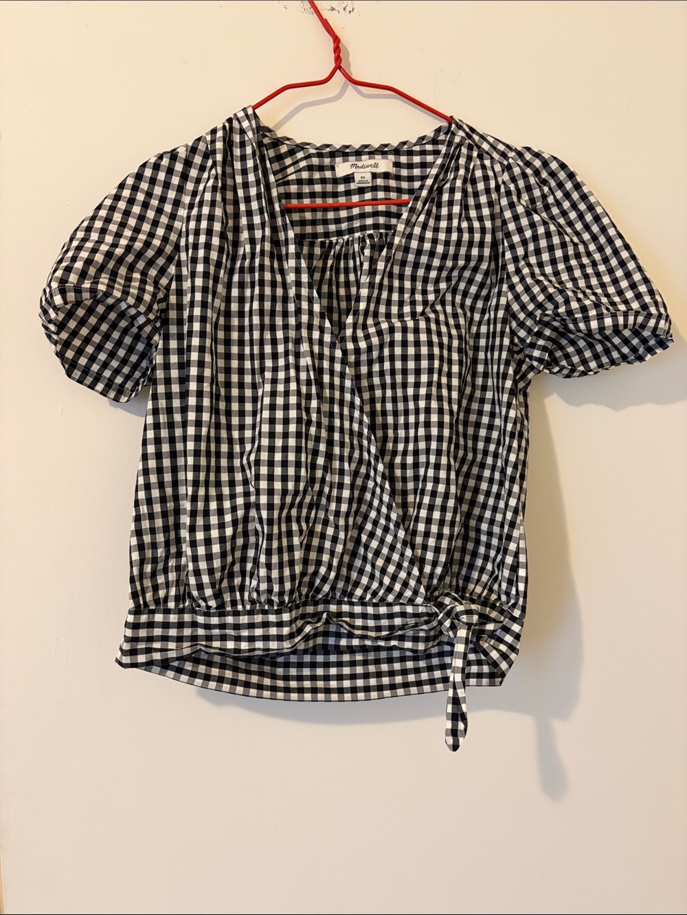 Madewell Black and White Gingham Wrap Tie-Peplum Blouse